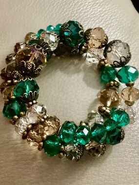 Turquoise Glass and Champagne Beaded Stretch Wrap Bracelet